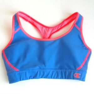 Champion Women's Blue and Pink Trim Racerback Workout High Impact Sports Bra M